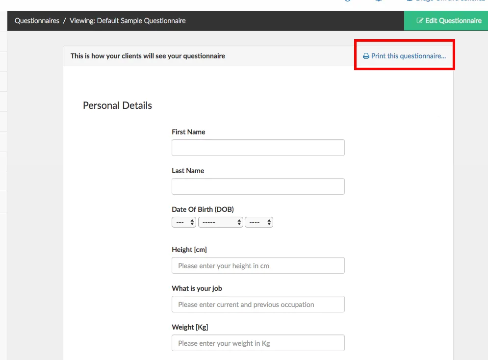 printing questionnaire